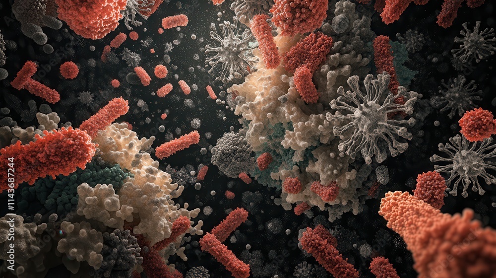 Aufkleber close-up view of diverse microorganisms, showcasing intricate structures and vibrant colors in a dar