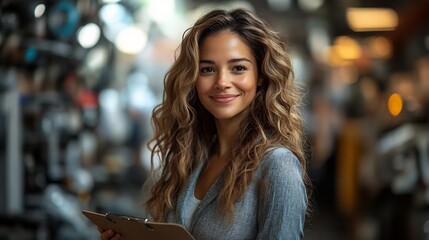 Obraz premium Businesswoman standing in a corporate studio holding a clipboard and smiling while discussing plans with her team