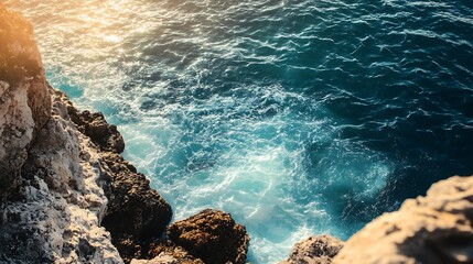 Ocean waves crashing against rocks. Concept of powerful nature, coastal scenery, and travel.