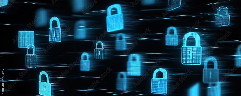 Poster the image features floating blue digital locks against a dark background, symbolizing cybersecurity 