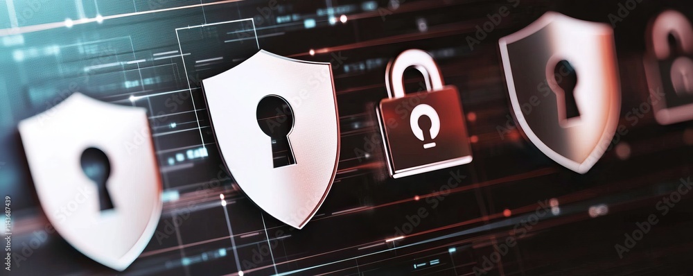 Poster the image depicts a series of security shields and padlocks, symbolizing digital security and protec