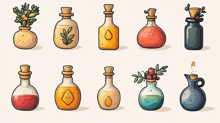 Enchanted Potions Collection - Game Sheet with Diverse Magical Brews, Illuminated Background, Clay and Oily Textures, Shiny Icons in Hearthstone-Inspired Style