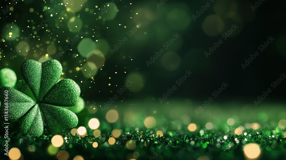Poster a vibrant green background features a shimmering four-leaf clover, symbolizing luck, amidst sparklin