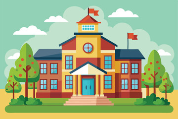 Fototapeta premium A vibrant school building with colorful flags, surrounded by green trees against a bright sky School illustration that can be customized.