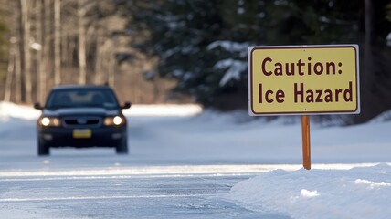 Caution black ice hazard risks for drivers on snowy roads winter environment safety alert