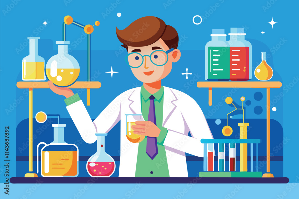 Poster a scientist in a white lab coat is conducting laboratory tests with various flasks and chemicals sci