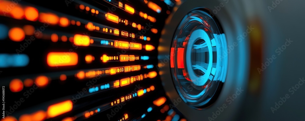 Poster an abstract image featuring vibrant blue and orange light patterns radiating from a central circular