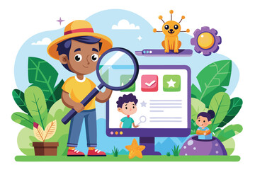 Fototapeta premium A boy holds a magnifying glass while examining a computer screen in a lively garden environment Search for customizable cartoon illustrations with curiosity.
