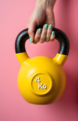 Naklejka premium Woman hand holding yellow four kilogram kettlebell
