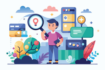 A young man holds a magnifying glass, exploring location details amidst colorful abstract elements in an urban space Search for customizable flat illustrations with curiosity.