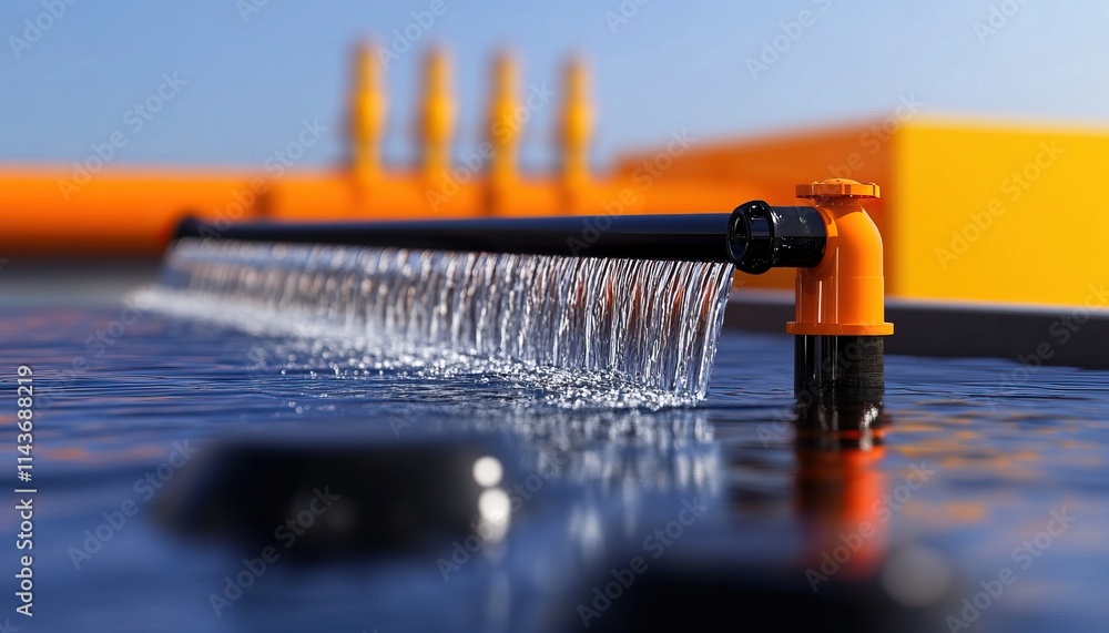 Poster the image showcases a water distribution system with a pipe releasing a controlled flow of water, em