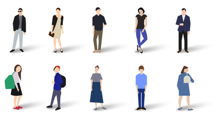 Ten fictional characters, men and women, a mixed group. Flat vector illustration isolated on white background.