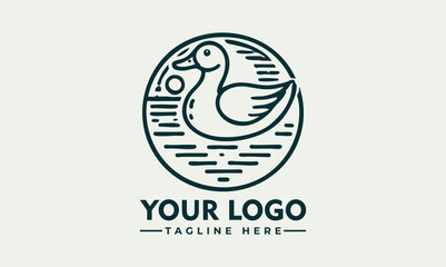 A black line drawing depicts a duck on water within a circle Black line drawing of duck in water within circle. Suitable for logos, icons, stickers, and designs with a nature theme