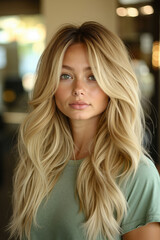 Fototapeta premium A woman with long blonde hair is posing for a picture