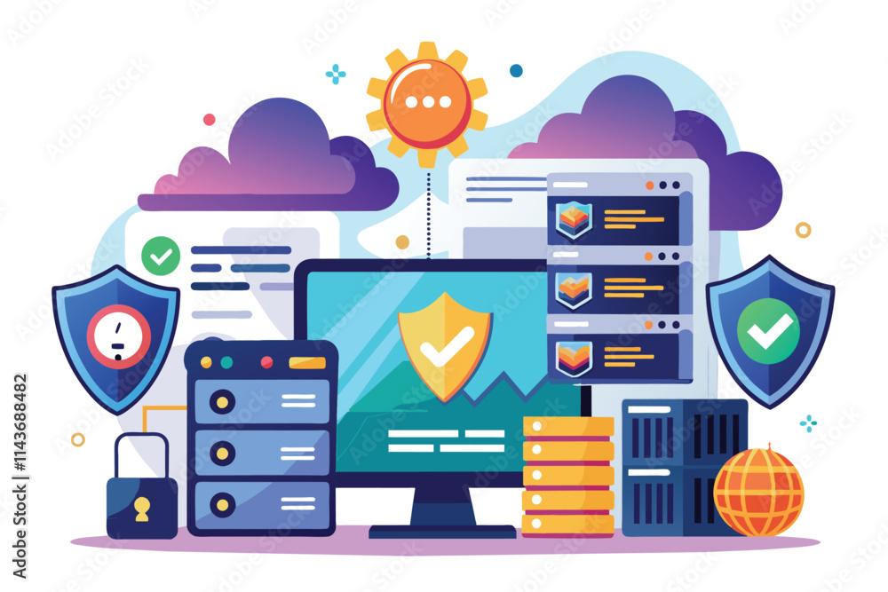 Poster The illustration shows secure data storage and web hosting systems with vibrant graphics and visual elements Secure data storage and web hosting with flat illustrations.