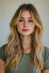 Naklejka premium A woman with long blonde hair wearing a green shirt