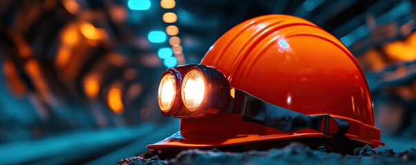 An orange miner's helmet with lights rests on the ground in a dimly lit underground tunnel, highlighting the essential gear for mining safety.