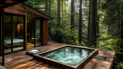 Modern cabin with hot tub overlooking a redwood forest.