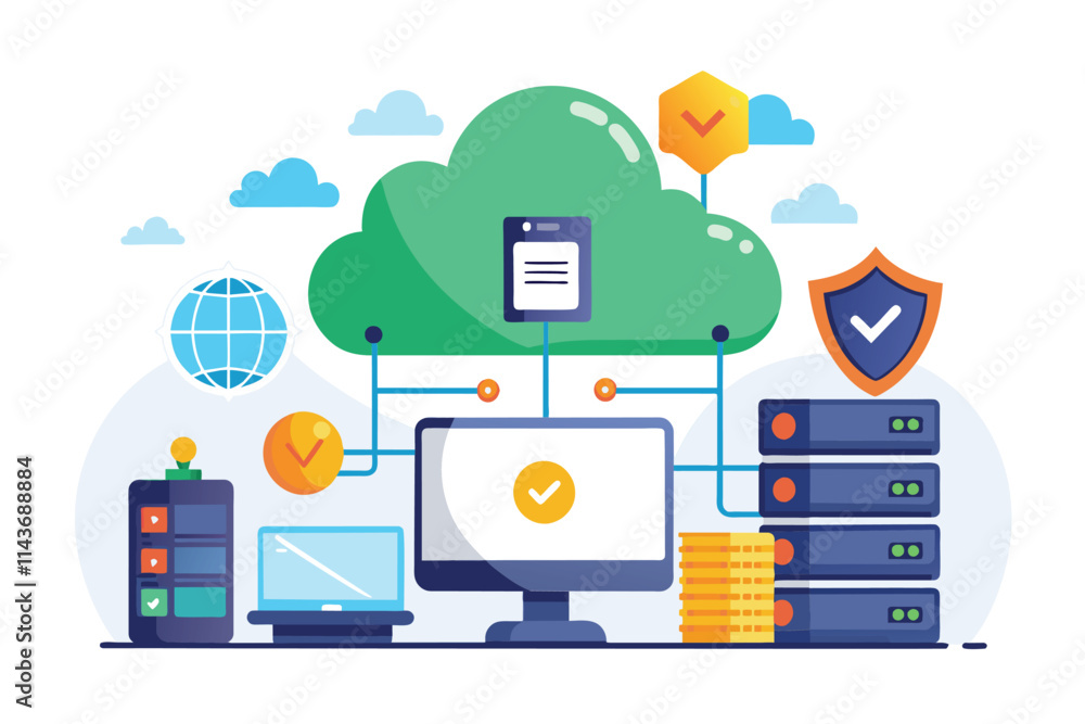 Poster a visual representation showcasing the process of securely storing data in the cloud using internet 