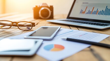 A flat lay of an old wooden desk with a laptop, tablet, and camera on it. The focus is on the center where there's space for text or graphics. There should be some other items scattered around, like g