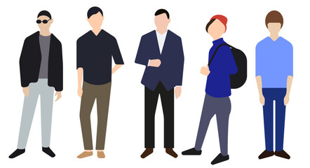 Five fictional characters, all male. Flat vector illustration isolated on white background.