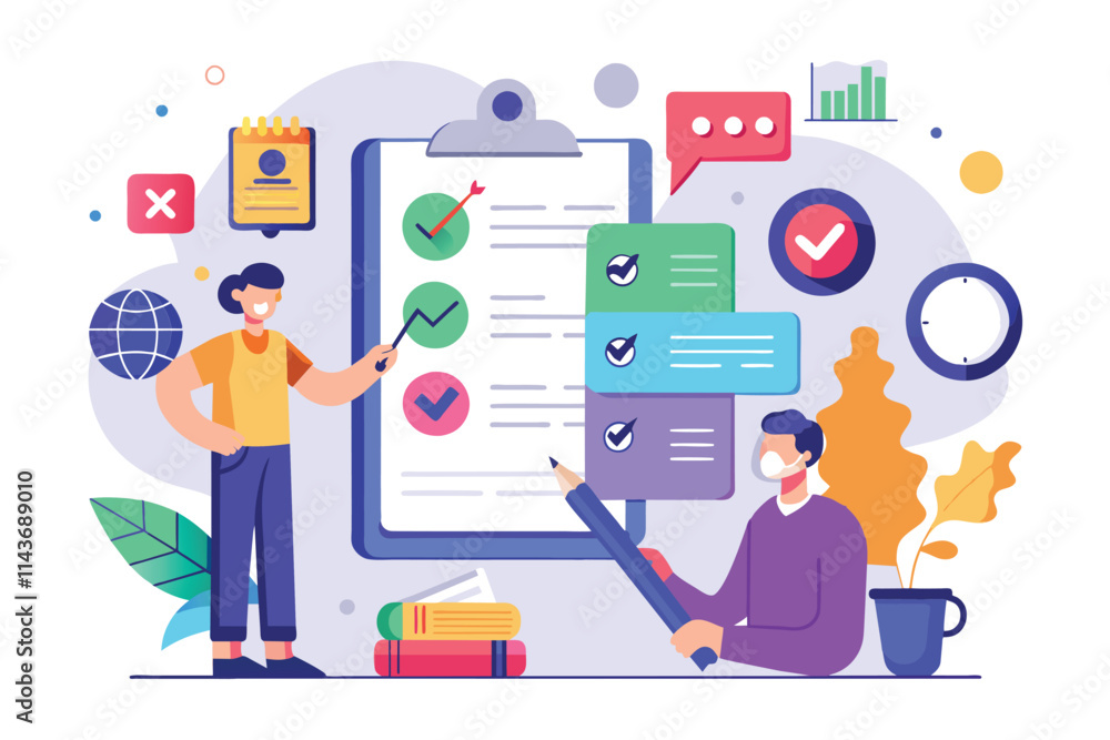 Poster two individuals review tasks and analyze data using charts and checklists in a bright workspace envi