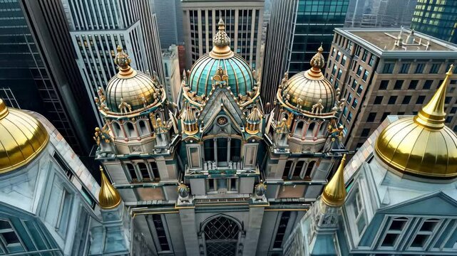 The videograph captures a stunning aerial perspective of a historic building adorned with golden domes, surrounded by towering skyscrapers under a clear blue sky.