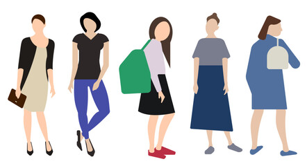 Five fictional characters, all female. Flat vector illustration isolated on white background.