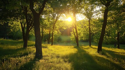 Fototapeta premium Sunlight filtering through trees in a forest. Concept of nature, peace, and tranquility.