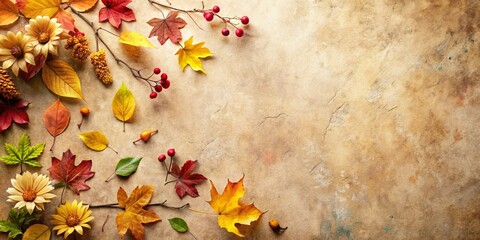 Autumnal foliage and berries arranged on a textured background