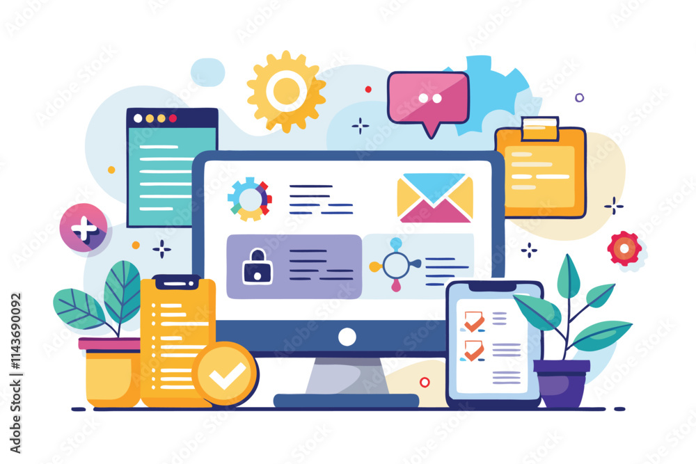 Poster a colorful arrangement of digital workspace elements illustrating productivity tools and interaction