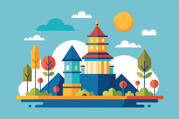 Naklejka premium The artwork features a vibrant castle, playful trees, and a bright sun against a blue background Simple flat illustration following abstract rules.