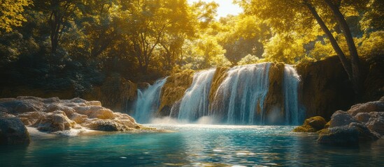 Tranquil waterfall cascading into a pristine blue pool surrounded by lush green trees.