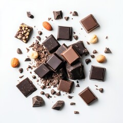 Dark chocolate blocks and bieces isolated on white background