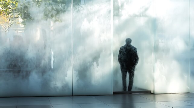 Silhouette of a man standing behind a foggy glass wall, outdoors.