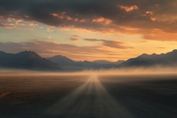Desert landscape, long straight road, distant mountains, dramatic sunset sky, dusty atmosphere
