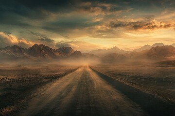 Fototapeta premium Desert landscape, long straight road, distant mountains, dramatic sunset sky, dusty atmosphere
