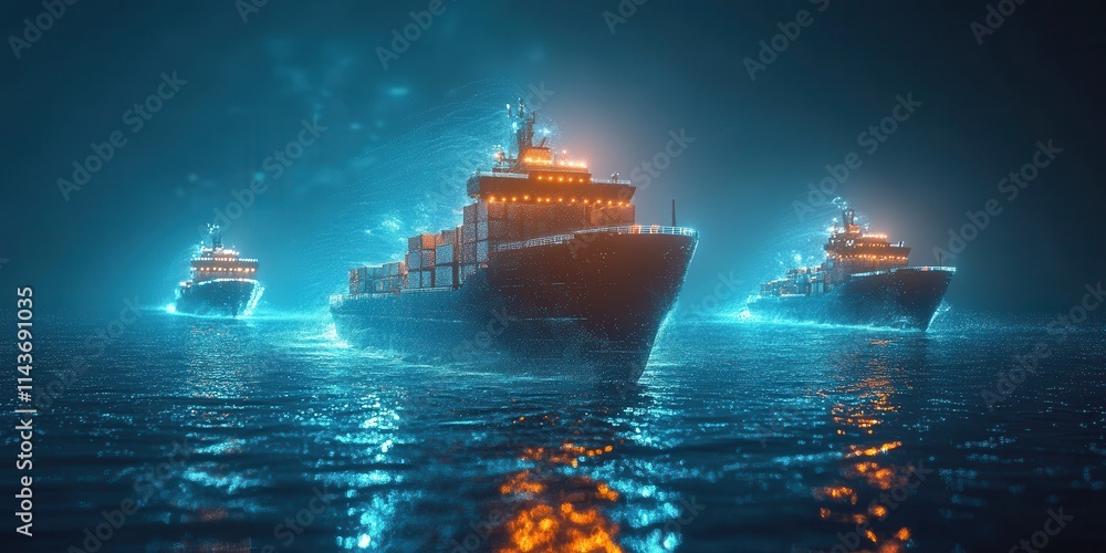 Aufkleber a mystical scene featuring glowing ships navigating through dark, reflective waters, creating a capt