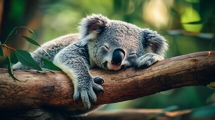 Fototapeta premium Sleepy Koala on a Tree Branch. Australian Wildlife, Nature, Relaxation