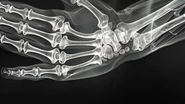 A clear x-ray of a human hand showcases the skeletal structure, including the phalanges and wrist bones, illustrating the complex anatomy in detail.
