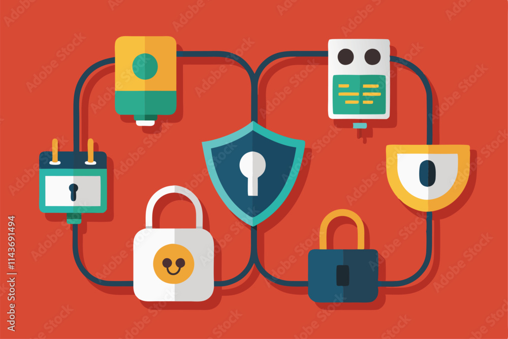 Poster sockets depicted with padlocks and a shield symbolize secure and private connections in technology s