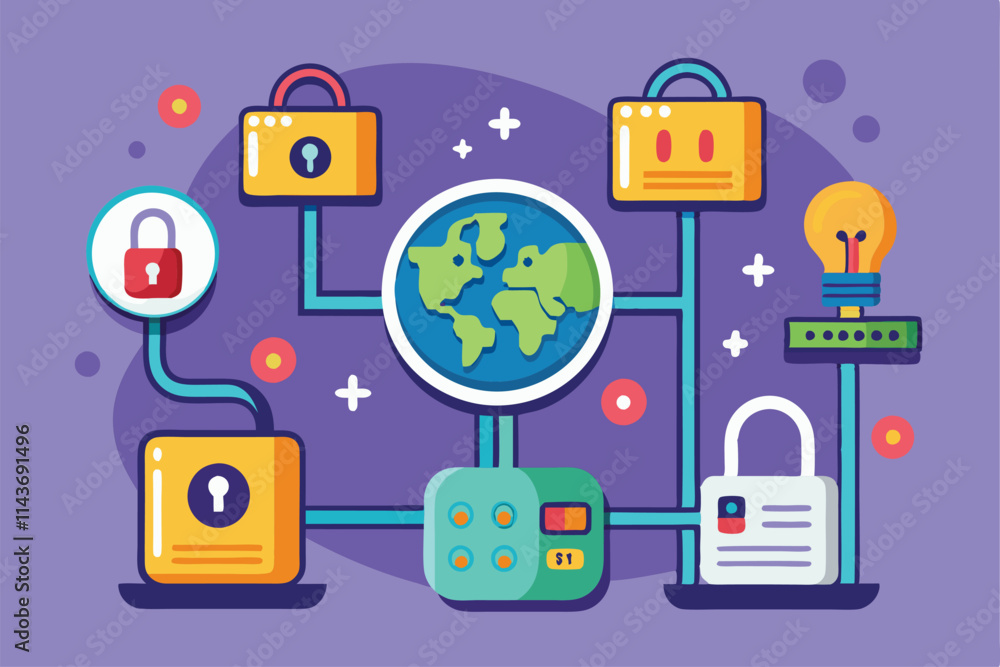 Poster a vibrant depiction of multiple secured connections showcasing sockets, locks, and a globe sockets e