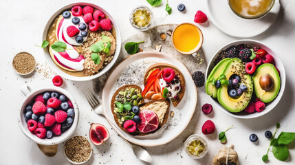 A vibrant and healthy food flat lay on a white clean background, featuring avocado toast with poached eggs