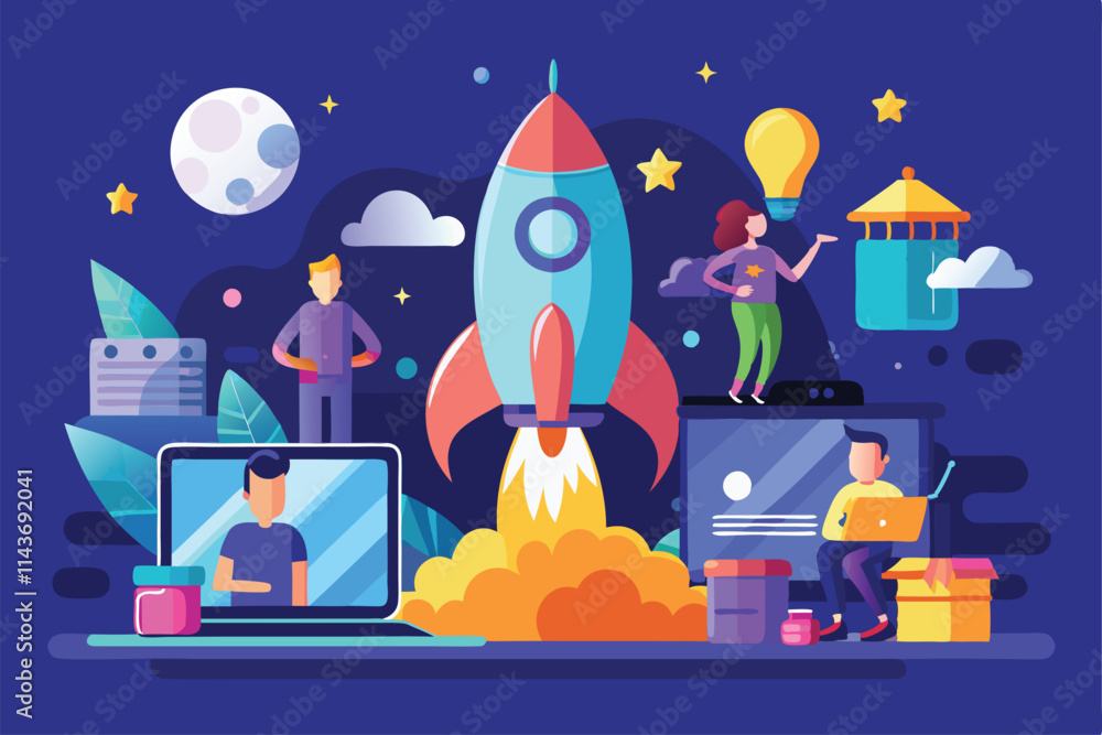 Poster entrepreneurs gather around a rocket launch, symbolizing startup rules and innovation in a vibrant s
