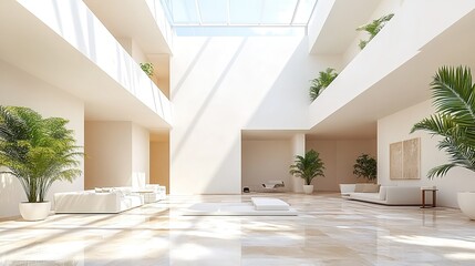 Fototapeta premium Modern Study Interior Perspective - Large Windows Allowing Natural Light, Light Color Palette, Green Plants, Contemporary Furniture, Modern Design Aesthetic