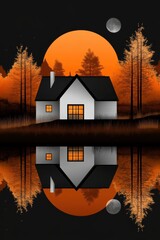 Modern House Reflecting in Calm Water Underneath an Orange Moon