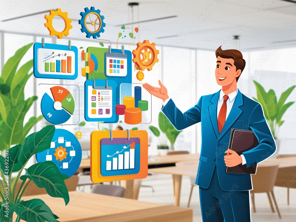 Poster a business professional stands in a bright office, enthusiastically showcasing colorful charts and g
