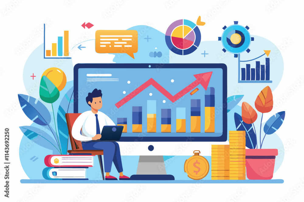 Poster a professional analyzing stock trends with rising graphs and colorful data visuals in a modern works
