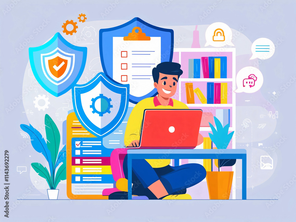 Poster a person is focused on a laptop, managing tasks with a digital checklist. a colorful bookshelf fille