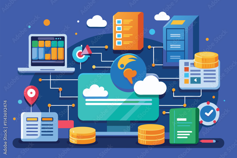 Poster visual representation of data storage, showcasing devices, graphs, and cloud elements interconnected